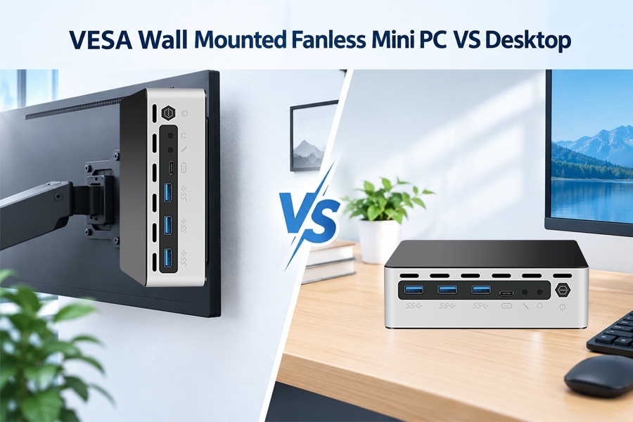 Neueste Unternehmensblogs über VESA Wandmontierter lüfterloser Mini-PC VS Desktop: Platzierung, Wärmeableitung und Kabelmanagement im Vergleich